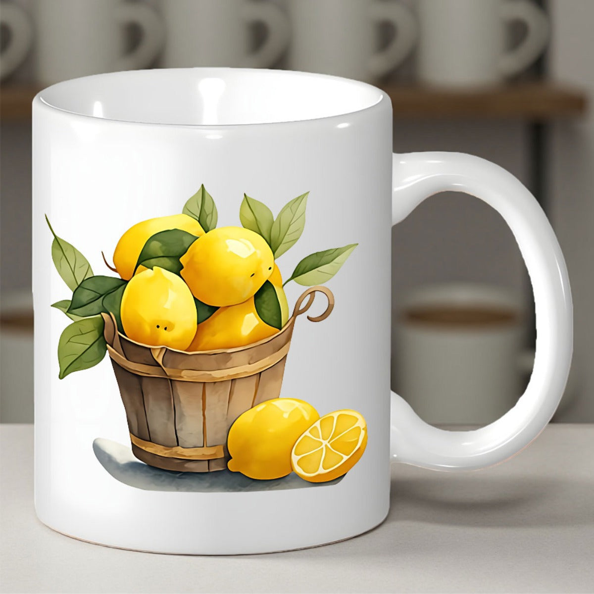 Tailorly White Ceramic 11 oz Mug - Rustic Wooden Bucket Filled With Fresh Yellow Lemons And Green Leaves Lemon