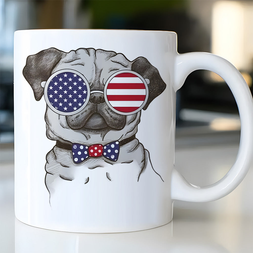Tailorly White Ceramic 11 oz Mug - Patriotic Dog Wearing American Flag Sunglasses And A Small Bow Tie Pug