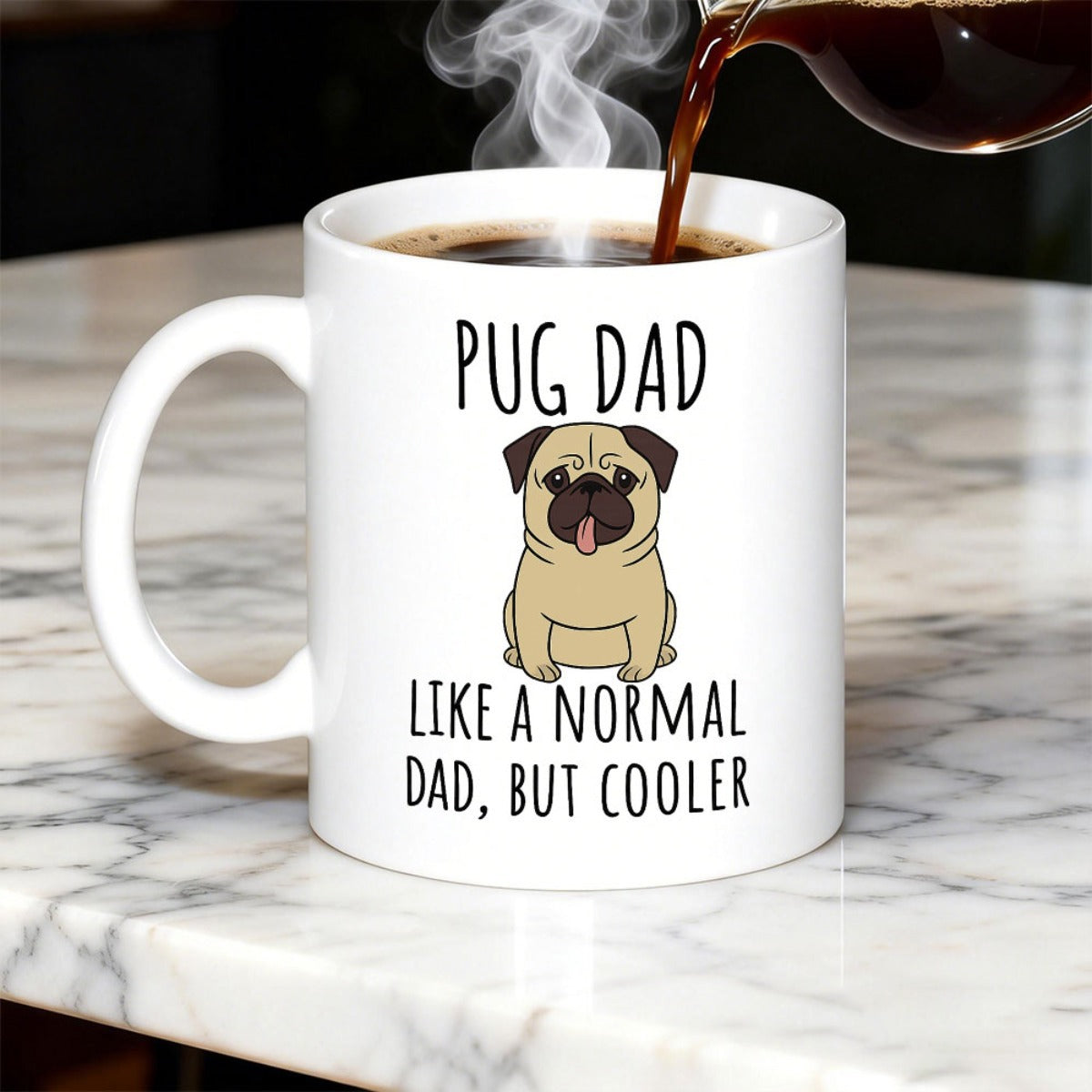Tailorly White Ceramic 11 oz Mug - Pug Dad Like A Normal Dad But Cooler Adorable Sitting Cartoon Dog With Expressive Face Featured Centrally Pug