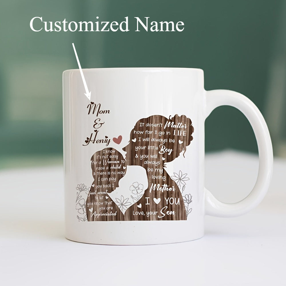 Tailorly White Ceramic 11 oz Mug - Customized Name Mom I Love You Wooden Grain Texture Silhouette Of Mother And Child In Heartfelt Embrace Silhouette