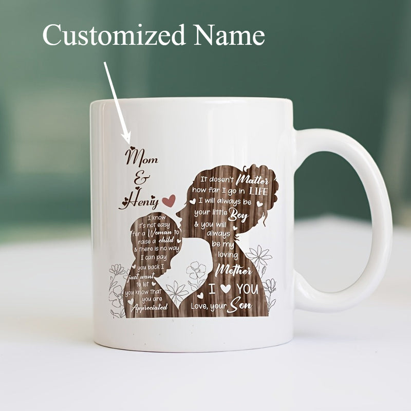 Tailorly White Ceramic 11 oz Mug - Customized Name Mom I Love You Wooden Grain Texture Silhouette Of Mother And Child In Heartfelt Embrace Silhouette