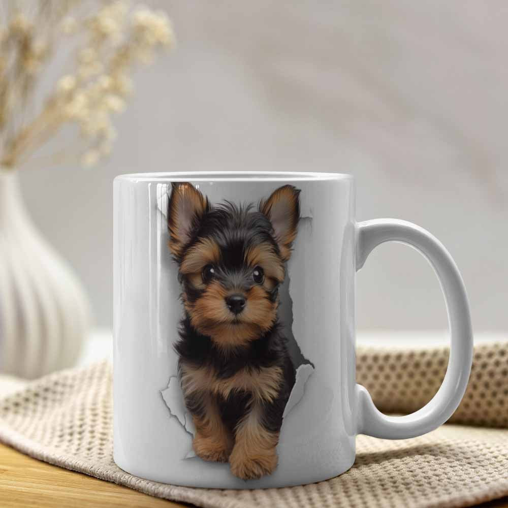 Tailorly White Ceramic 11 oz Mug - Adorable Realistic Fluffy Puppy Peeking Through A Torn White Paper Hole Yorkshire Terrier