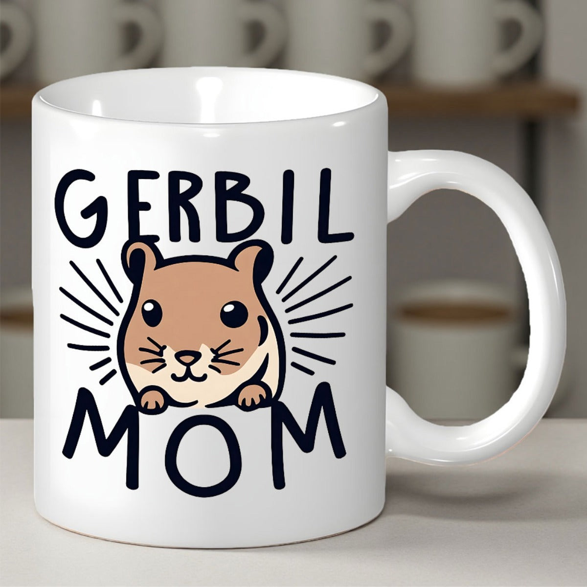 Tailorly White Ceramic 11 oz Mug - Gerbil Mom Cute Stylized Cartoon Rodent Peeking Over Text With Radiant Background Lines Gerbil