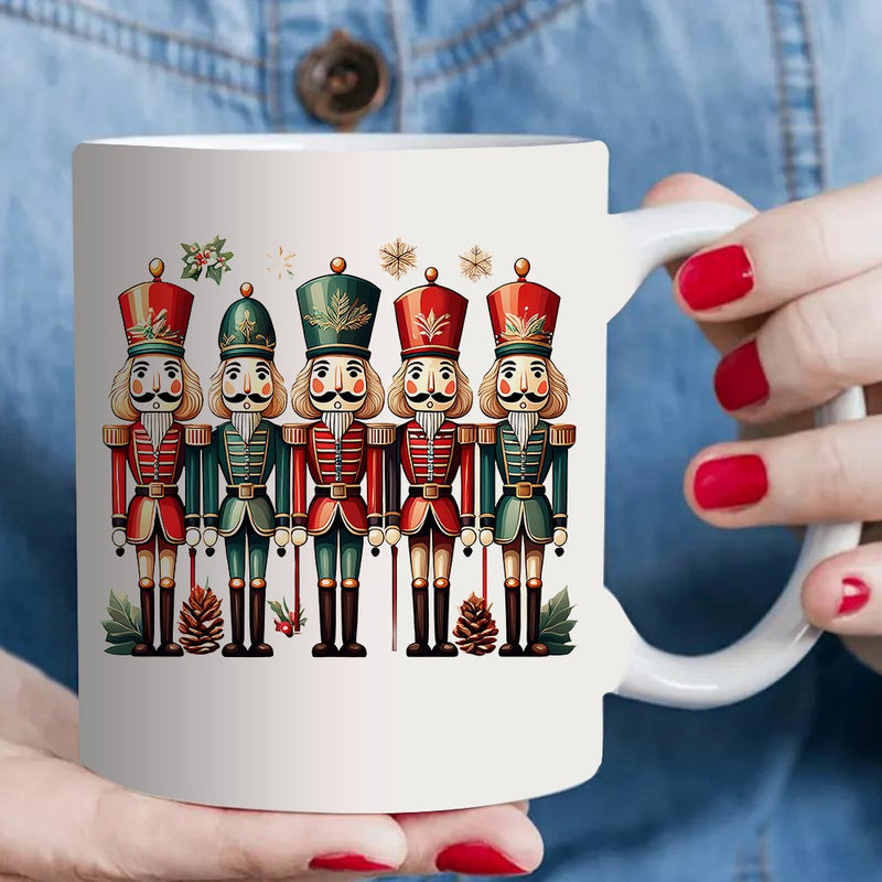 Tailorly White Ceramic 11 oz Mug - Row Of Festive Soldiers Wearing Traditional Red And Green Uniforms Nutcracker