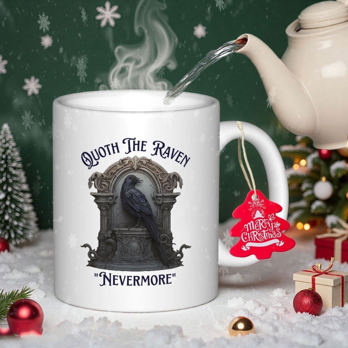 Tailorly White Ceramic 11 oz Mug - Quoth The Raven Nevermore Gothic Black Bird On Ornate Pedestal Under Archway Raven