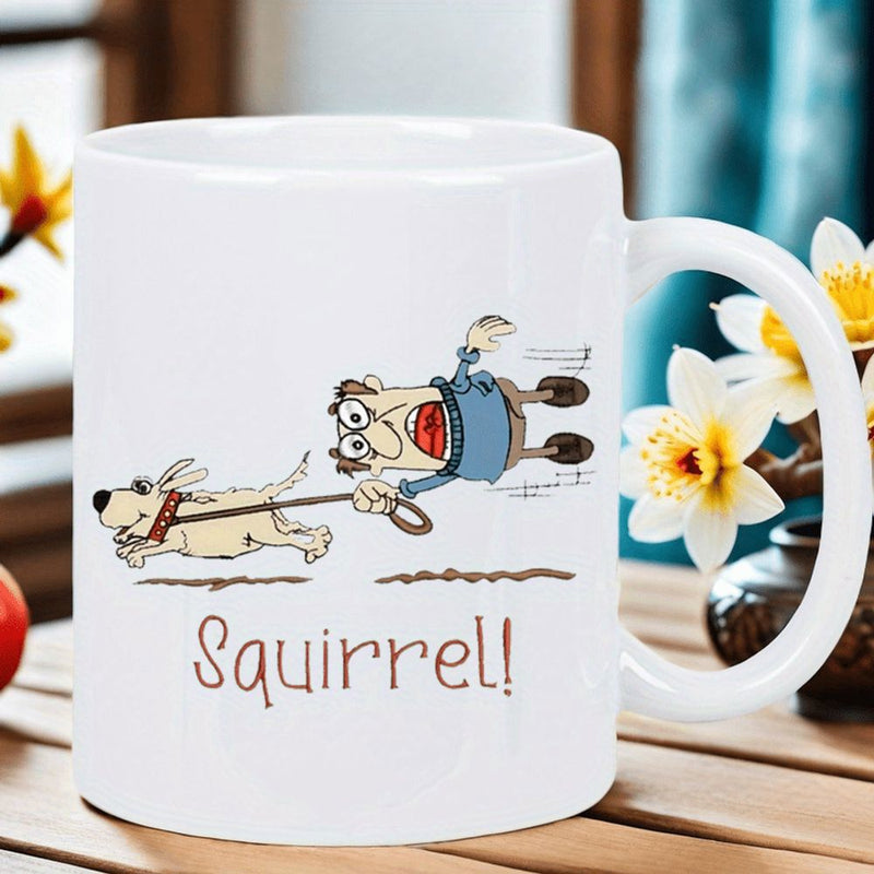 Tailorly White Ceramic 11 oz Mug - Squirrel Funny Cartoon Man Being Dragged By Energetic Small Leashed Pet Dog