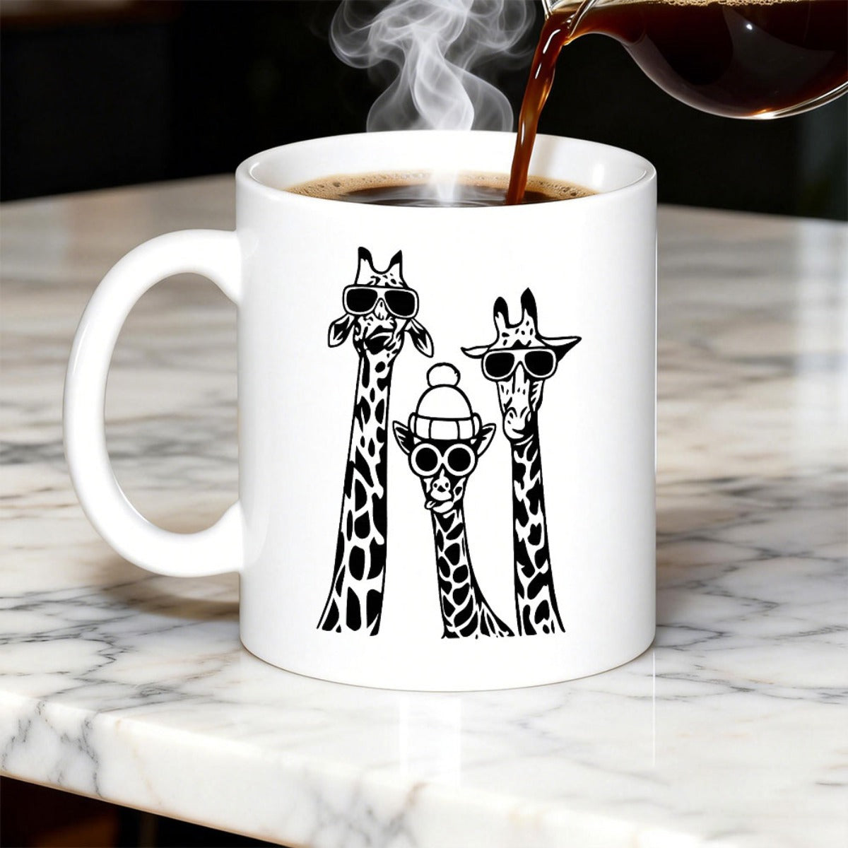 Tailorly White Ceramic 11 oz Mug - Three Quirky Animals Wearing Cool Sunglasses And Beanie In Minimalist Line Art Giraffe