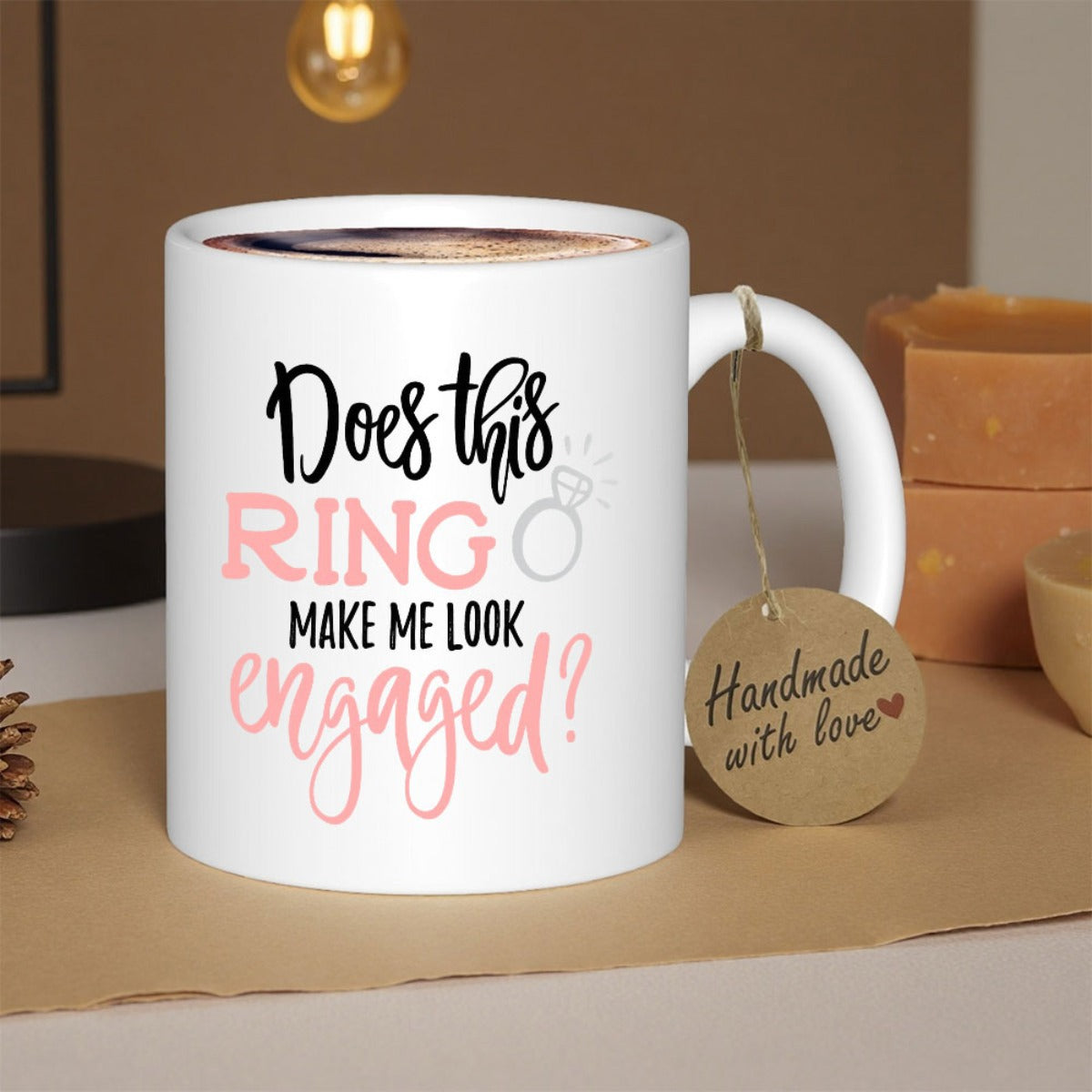 Tailorly White Ceramic 11 oz Mug - Does This Ring Make Me Look Engaged Simple Minimalist Line Art Sketch Featuring A Sparkling Diamond Ring