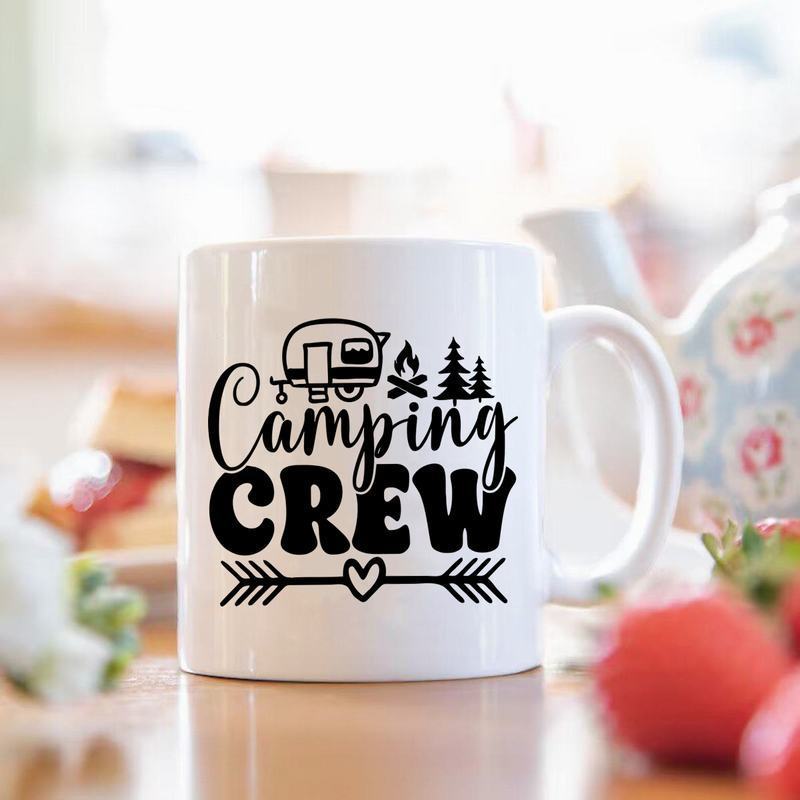Tailorly White Ceramic 11 oz Mug - Camping Crew Minimalist Travel Trailer Parked Near Evergreen Trees And Campfire Camper