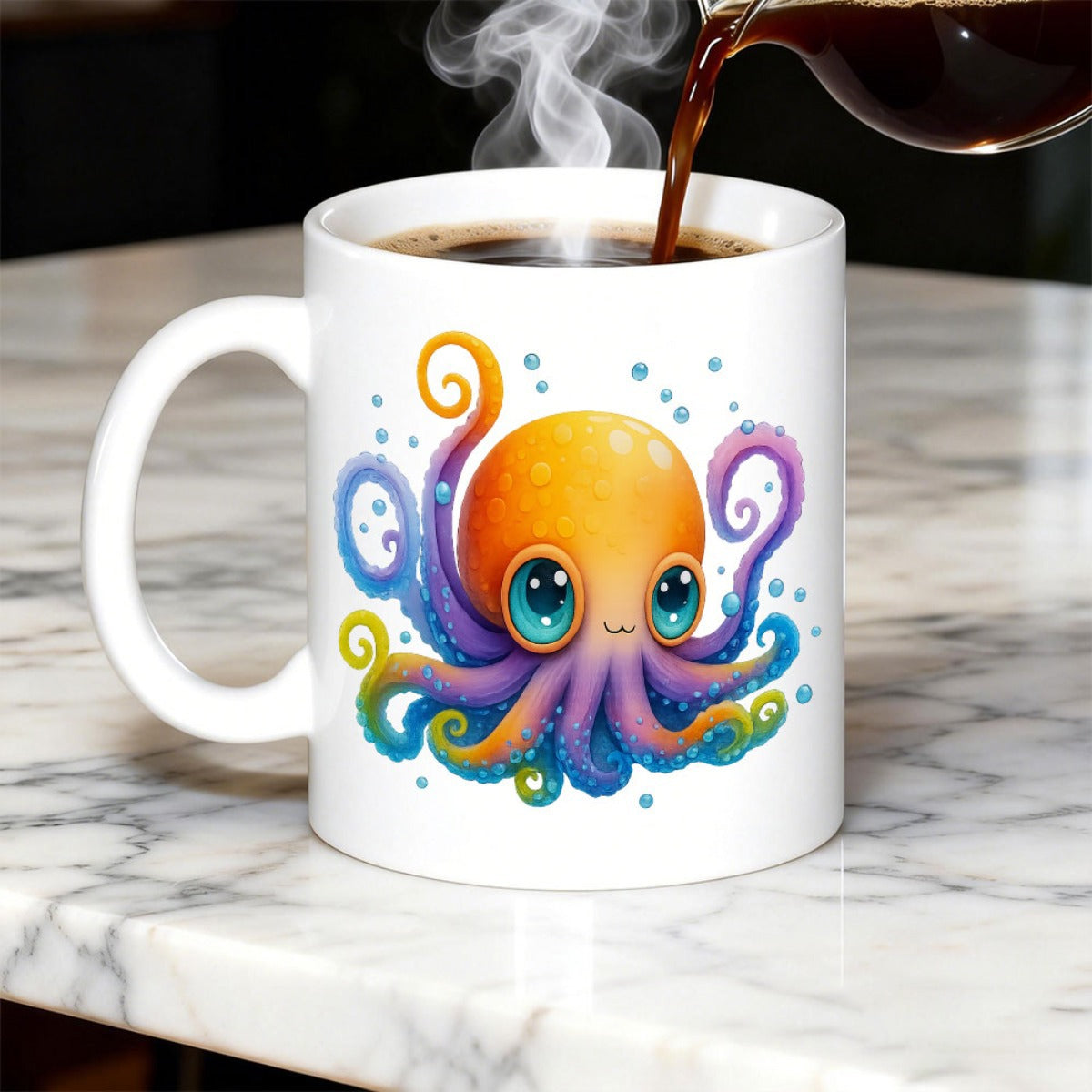 Tailorly White Ceramic 11 oz Mug - Vibrant Whimsical Cartoon Creature With Swirling Colorful Tentacles And Bubbles Octopus