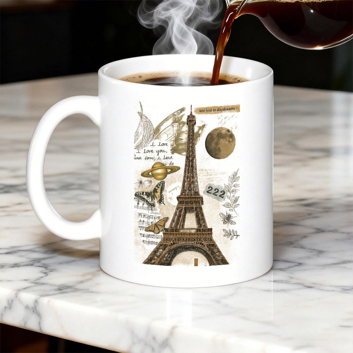 Tailorly White Ceramic 11 oz Mug - Paris France I Love You Vintage Collage With Butterflies Saturn And Moon Near The Iconic Eiffel Tower