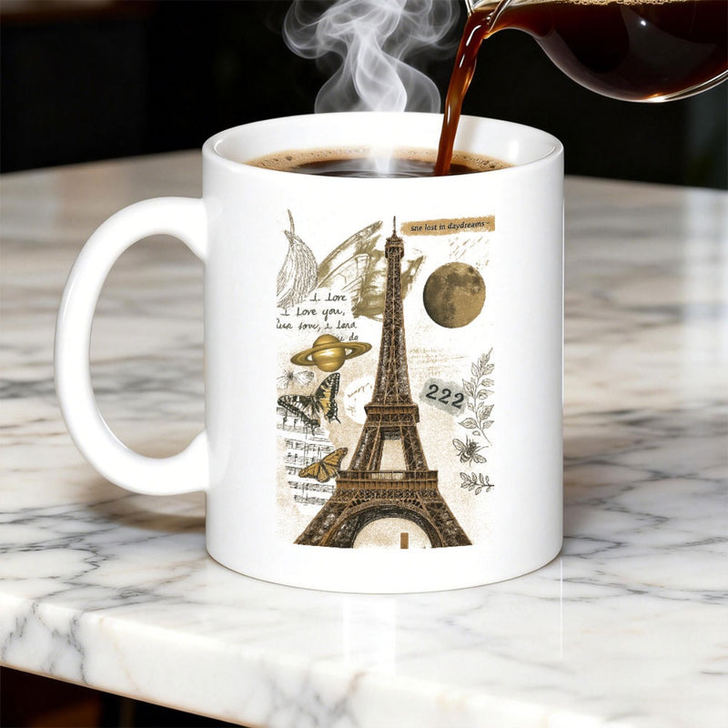 Tailorly White Ceramic 11 oz Mug - Paris France I Love You Vintage Collage With Butterflies Saturn And Moon Near The Iconic Eiffel Tower