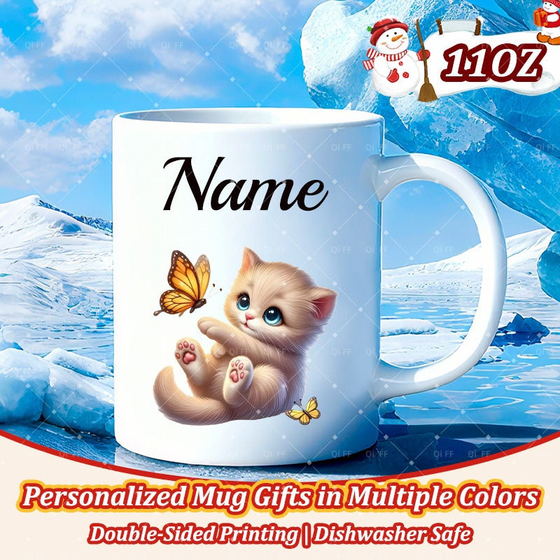 Tailorly White Ceramic 11 oz Mug - Name Adorable Fluffy Little Kitten Playing With Golden Winged Butterfly Kitten