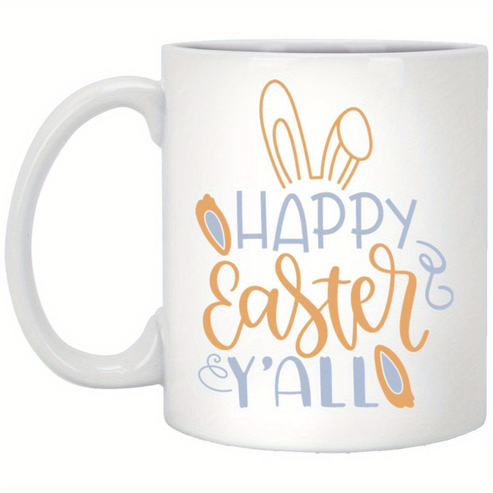 Tailorly White Ceramic 11 oz Mug - Happy Easter Yall Minimalist Ears With Decorative Pastel Swirls And Seasonal Festive Rabbit