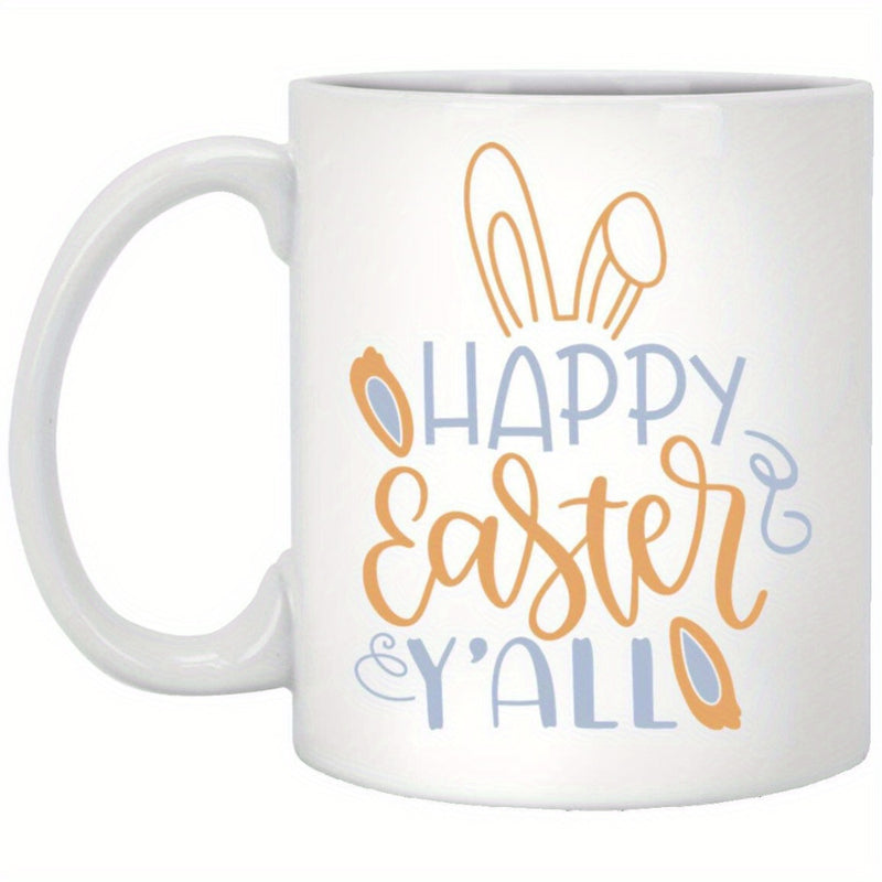 Tailorly White Ceramic 11 oz Mug - Happy Easter Yall Minimalist Ears With Decorative Pastel Swirls And Seasonal Festive Rabbit