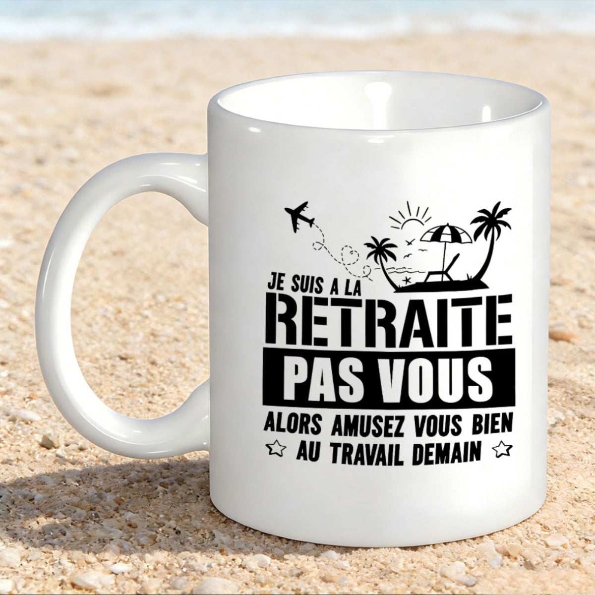 Tailorly White Ceramic 11 oz Mug - Tropical Beach Paradise With Palm Trees Sun And Flying Heart Airplane Scene