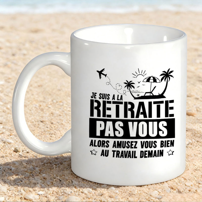 Tailorly White Ceramic 11 oz Mug - Tropical Beach Paradise With Palm Trees Sun And Flying Heart Airplane Scene