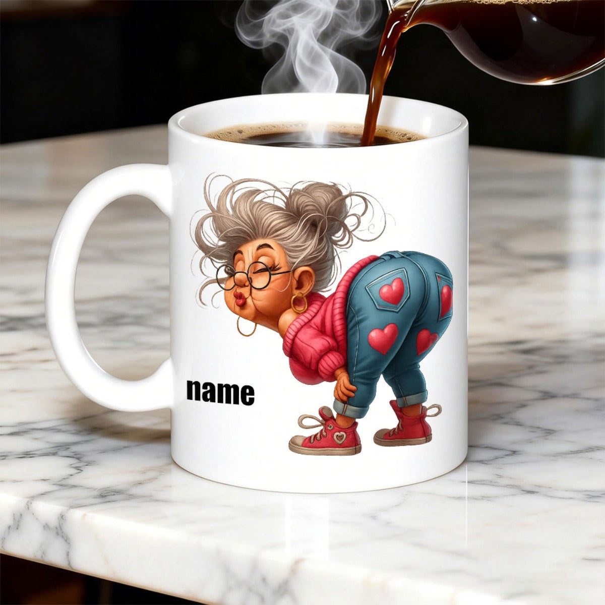 Tailorly White Ceramic 11 oz Mug - Name Cartoon Elderly Woman With Pink Sweater And Heart Patterned Jeans Grandma