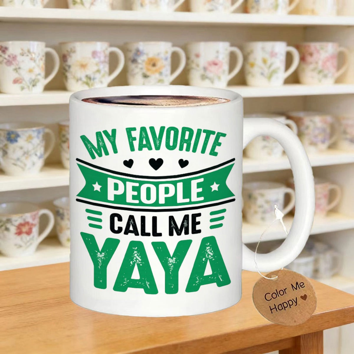 Tailorly White Ceramic 11 oz Mug - My Favorite People Call Me Yaya Bold Green Banner With Heart And Star Elements Typography