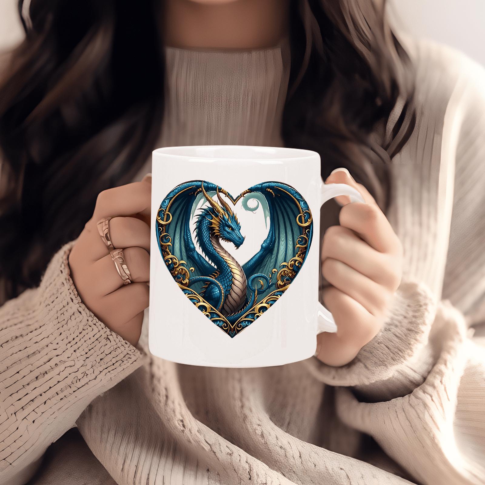 Tailorly White Ceramic 11 oz Mug - Majestic Blue Fantasy Creature Framed Within Intricate Golden Heart Design Dragon
