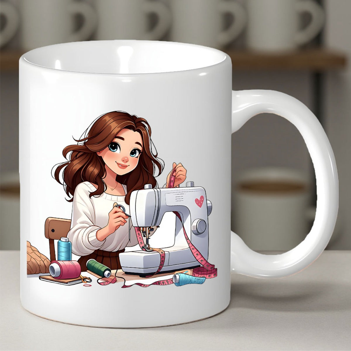 Tailorly White Ceramic 11 oz Mug - Smiling Brown Haired Girl Crafting With Spools And A Sewing Machine Girl