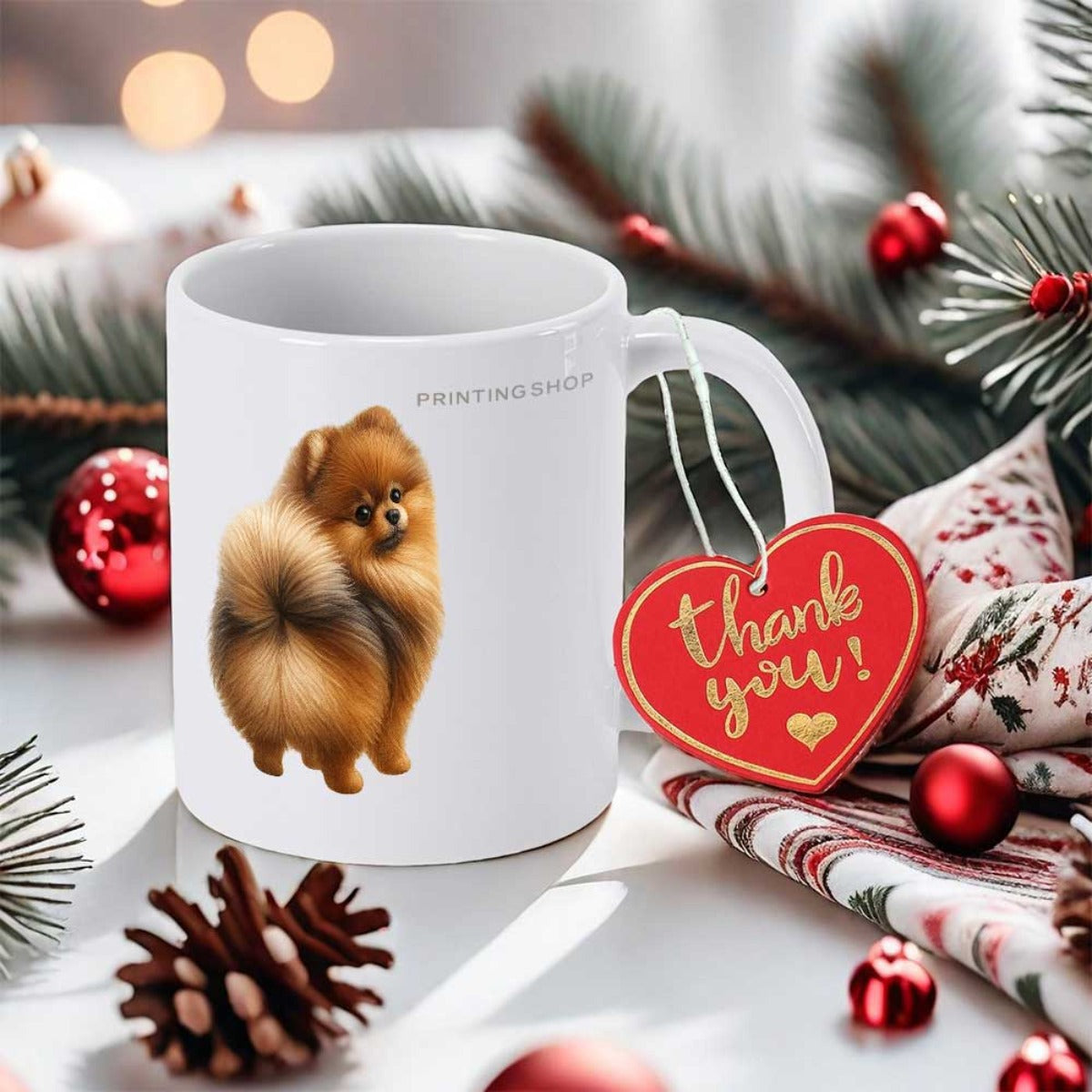 Tailorly White Ceramic 11 oz Mug - Fluffy Small Brown Furry Dog Sitting On A Clean Pomeranian