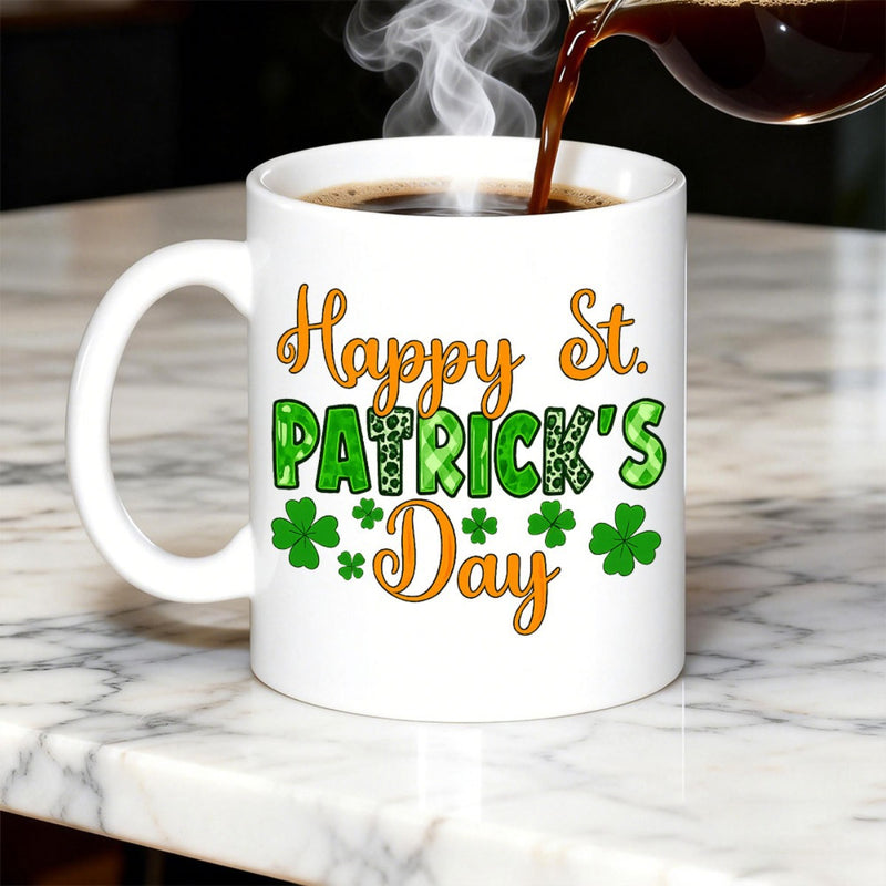 Tailorly White Ceramic 11 oz Mug - Happy St Patricks Day Festive Green Clovers With Decorative Patterned Typography Shamrock