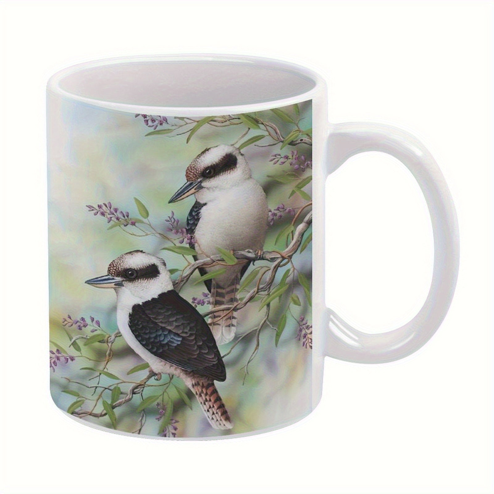 Tailorly White Ceramic 11 oz Mug - Serene Wild Birds Resting On Flowering Tree Branches Among Green Leaves Kookaburras