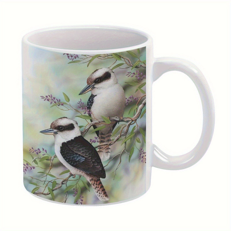 Tailorly White Ceramic 11 oz Mug - Serene Wild Birds Resting On Flowering Tree Branches Among Green Leaves Kookaburras
