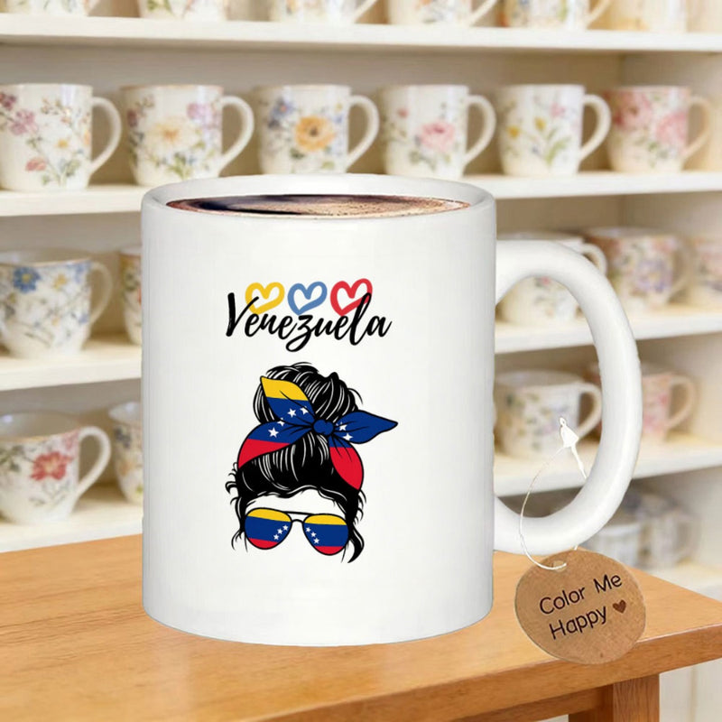 Tailorly White Ceramic 11 oz Mug - Venezuela Messy Bun Style Headband And Sunglasses Featuring National Flag Colors Woman