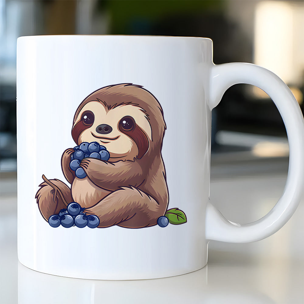 Tailorly White Ceramic 11 oz Mug - Adorable Cartoon Animal Sitting And Eating Fresh Blueberries With Joyful Smile Sloth