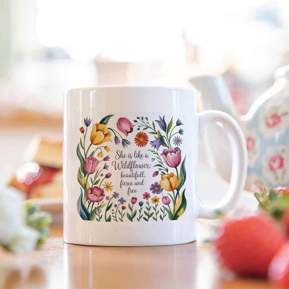 Tailorly White Ceramic 11 oz Mug - She Is Like A Wildflower Beautiful Fierce And Free Vibrant Blooming Spring Garden Flowers Arranged In An Elegant Decorative