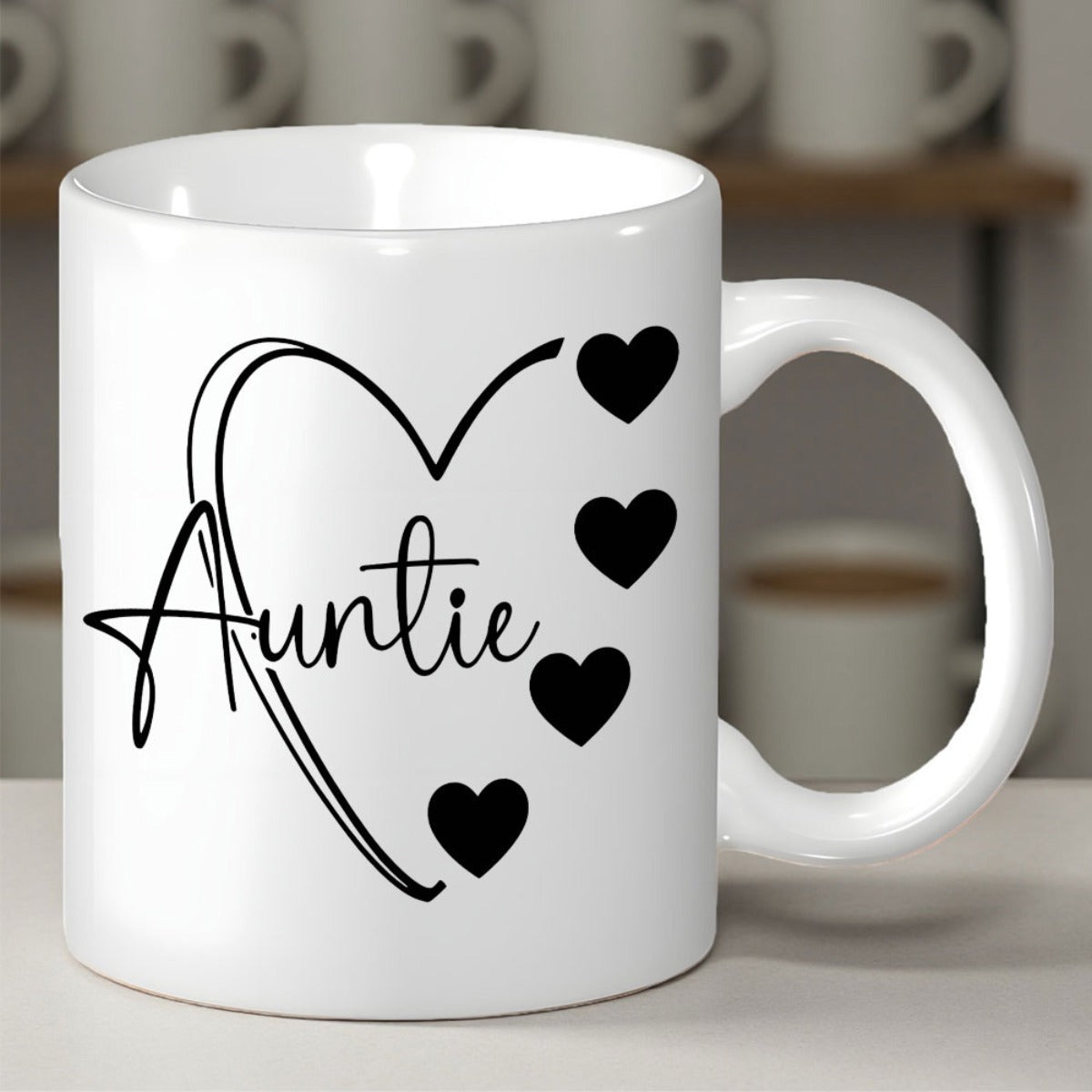 Tailorly White Ceramic 11 oz Mug - Auntie Elegant Cursive Script Lettering With Minimalist Artistic Solid Outline Hearts Heart