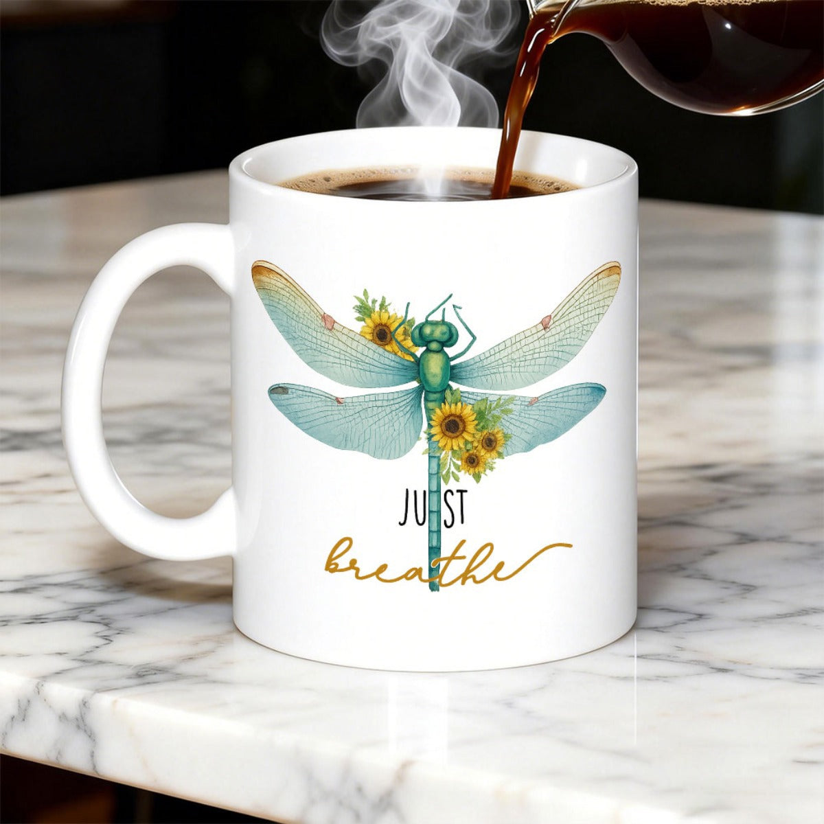 Tailorly White Ceramic 11 oz Mug - Just Breathe Delicate Blue Winged Creature Among Vibrant Yellow Sunflowers Dragonfly