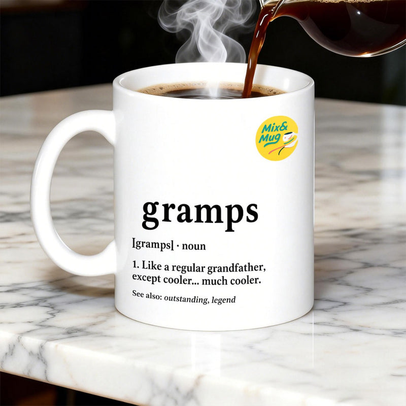 Tailorly White Ceramic 11 oz Mug - Gramps Like A Regular Grandfather Steaming Dark Liquid Pouring Into Minimalist Clean