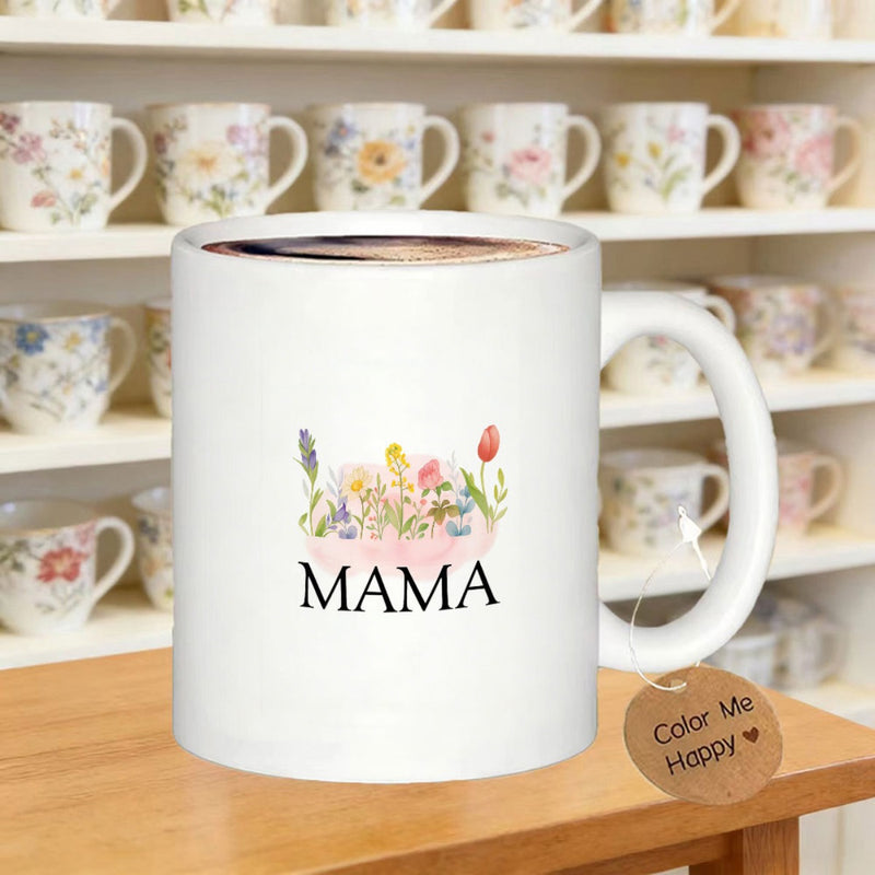 Tailorly White Ceramic 11 oz Mug - Mama Delicate Watercolor Wildflowers Blooming Elegantly Beneath Simple Black Serif Text Bouquet