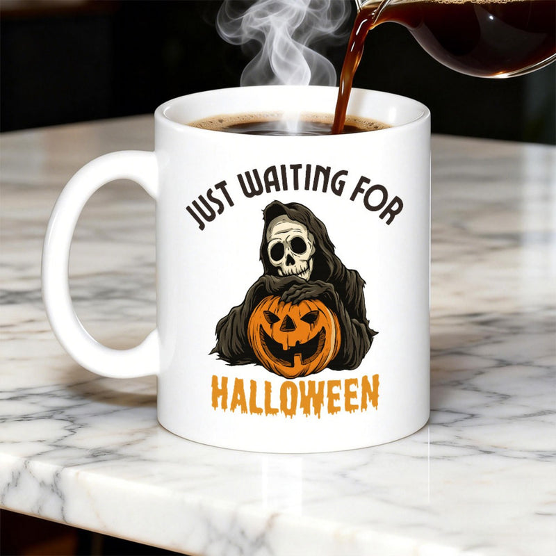 Tailorly White Ceramic 11 oz Mug - Just Waiting For Halloween Dark Cloaked Figure Holding A Glowing Carved Orange Jack O Lantern Reaper