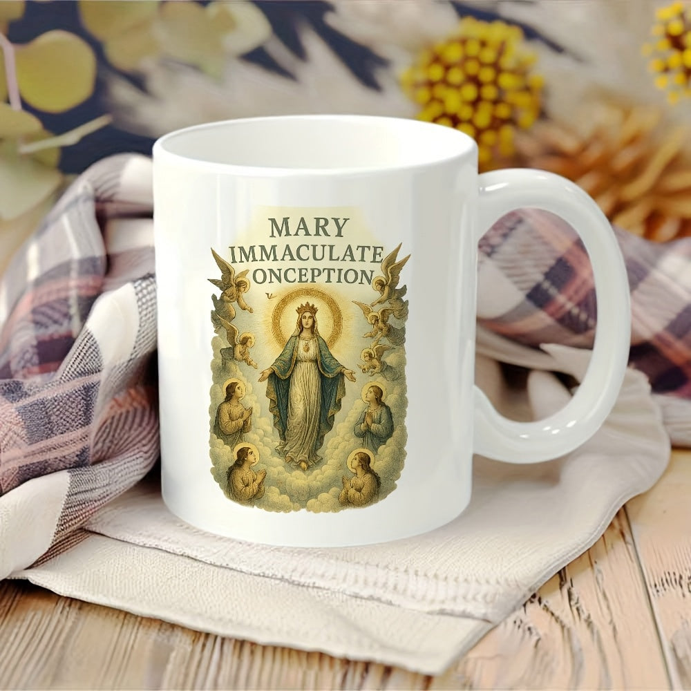 Tailorly White Ceramic 11 oz Mug - Mary Immaculate Conception Classic Religious Portrait Surrounded By Heavenly Clouds And Radiant Golden Halo Virgin Mary