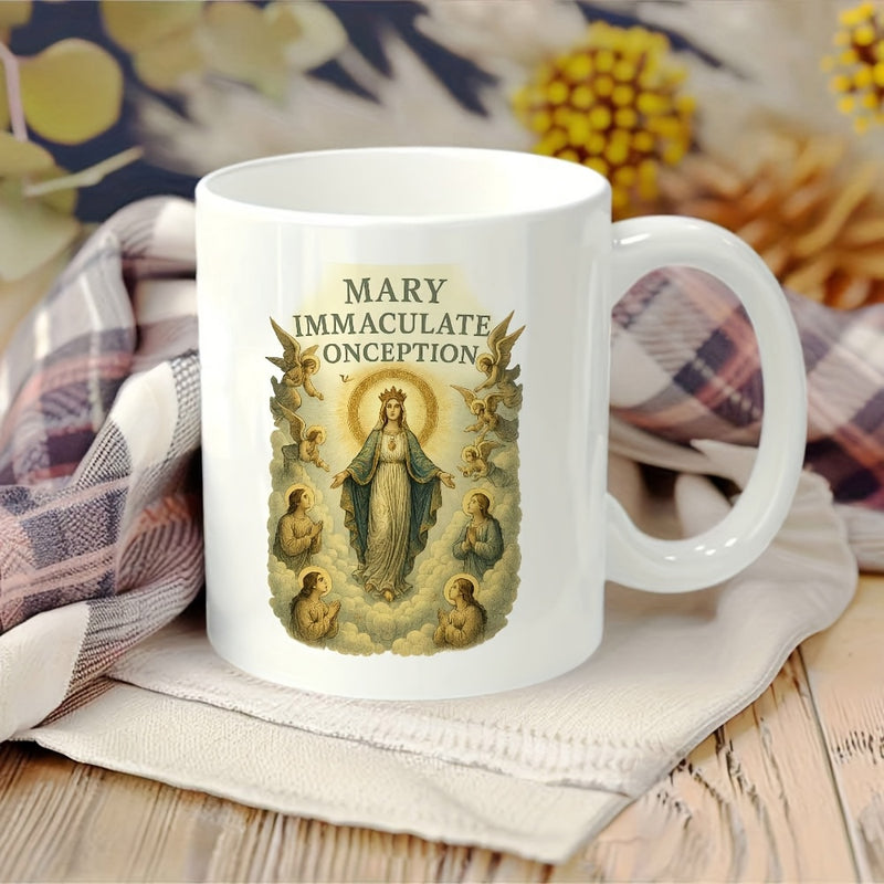 Tailorly White Ceramic 11 oz Mug - Mary Immaculate Conception Classic Religious Portrait Surrounded By Heavenly Clouds And Radiant Golden Halo Virgin Mary