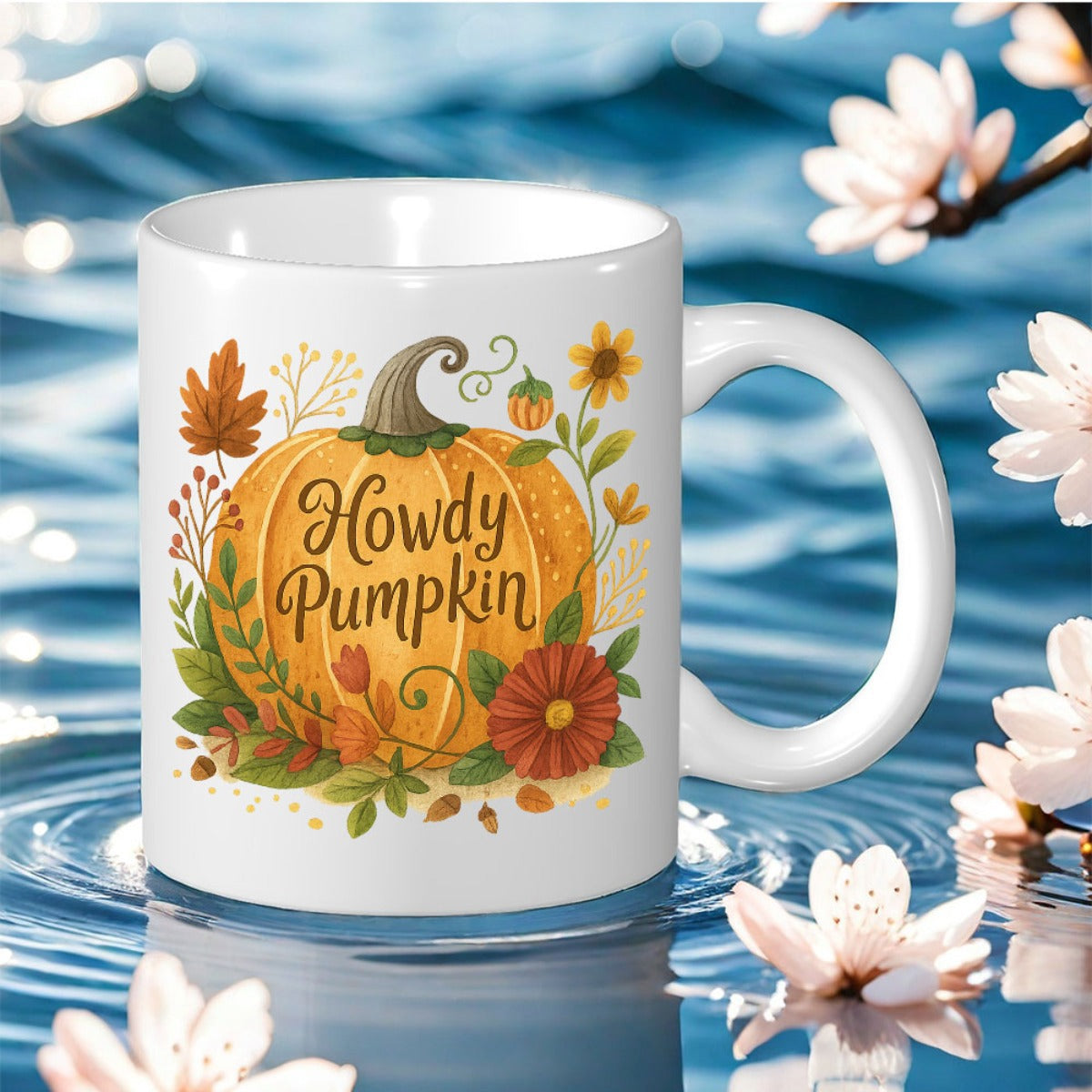 Tailorly White Ceramic 11 oz Mug - Howdy Pumpkin Vibrant Seasonal Harvest Illustration Of A Large Ripe Orange Pumpkin