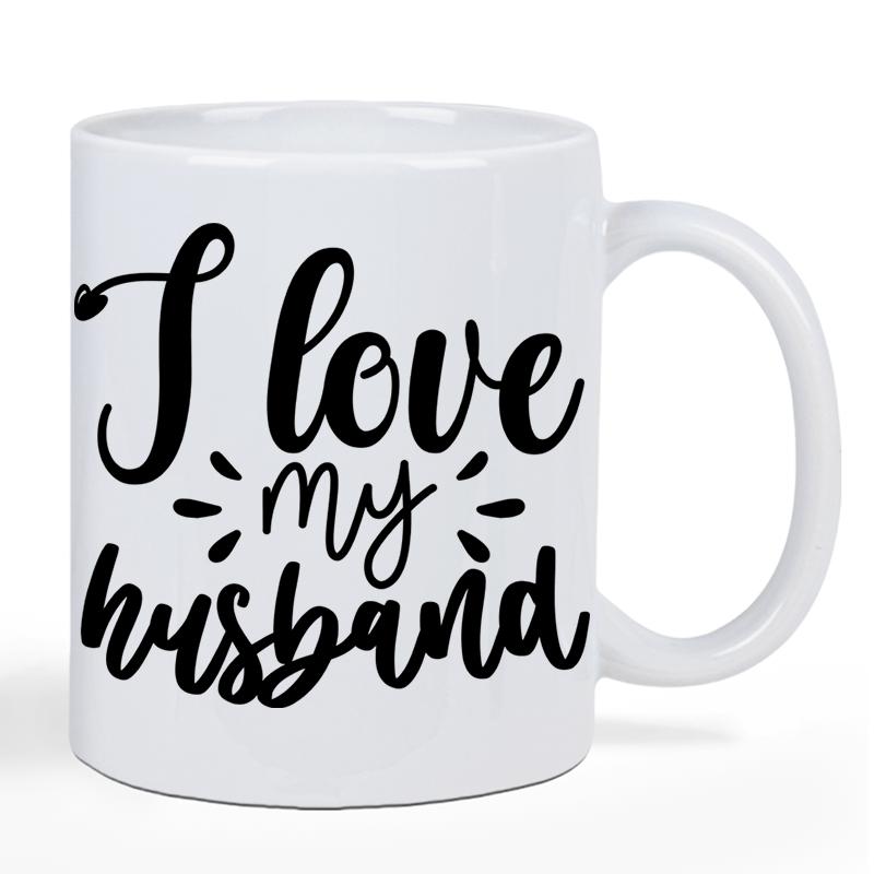 Tailorly White Ceramic 11 oz Mug - I Love My Husband Elegant Black Calligraphy Lettering Featuring Delicate Hand Drawn Decorative Artistic Lines Quote