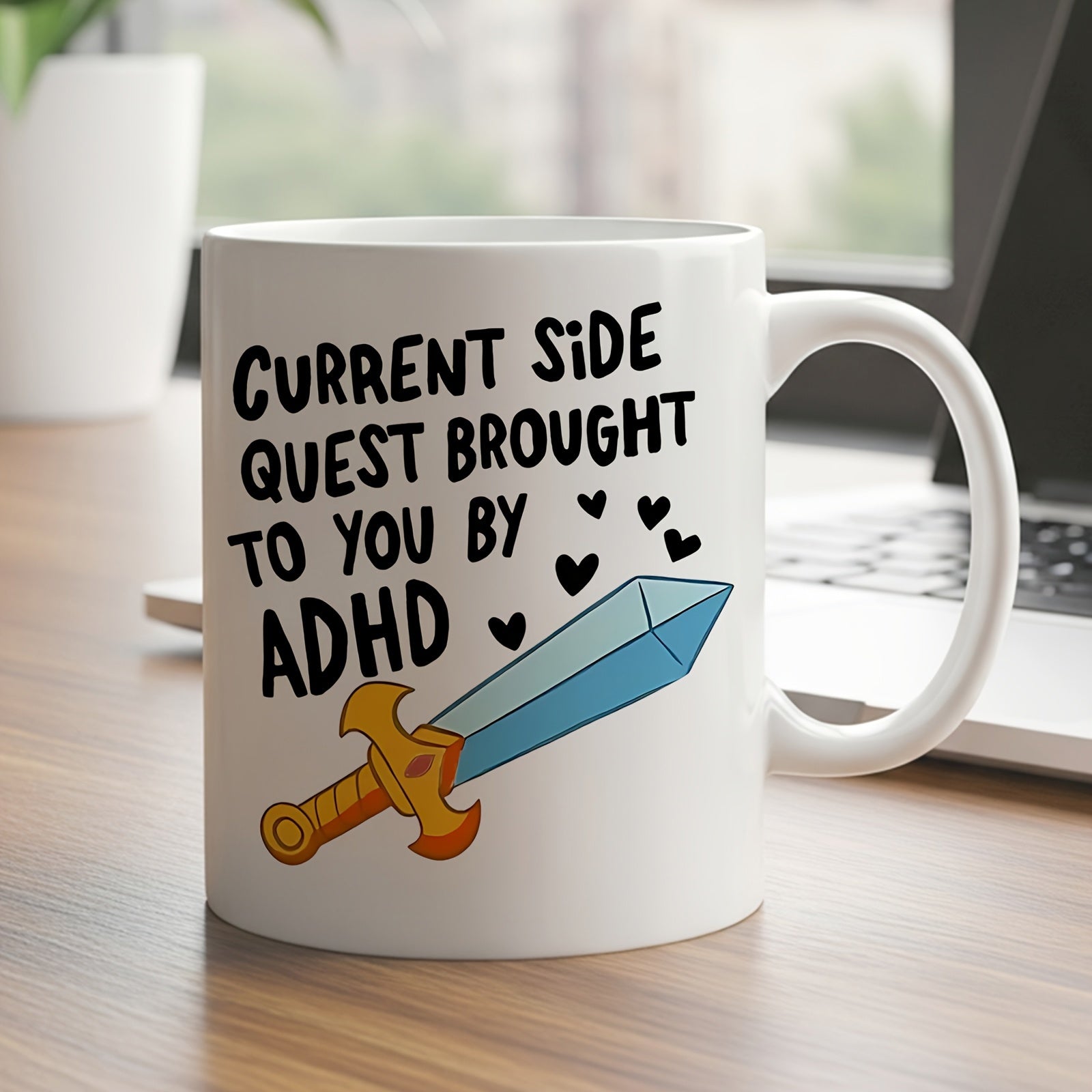 Tailorly White Ceramic 11 oz Mug - Current Side Quest Brought To You By ADHD Vibrant Blue Blade With Golden Handle Surrounded By Tiny Black Hearts Sword