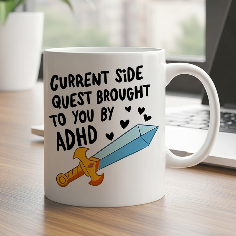 Tailorly White Ceramic 11 oz Mug - Current Side Quest Brought To You By ADHD Vibrant Blue Blade With Golden Handle Surrounded By Tiny Black Hearts Sword