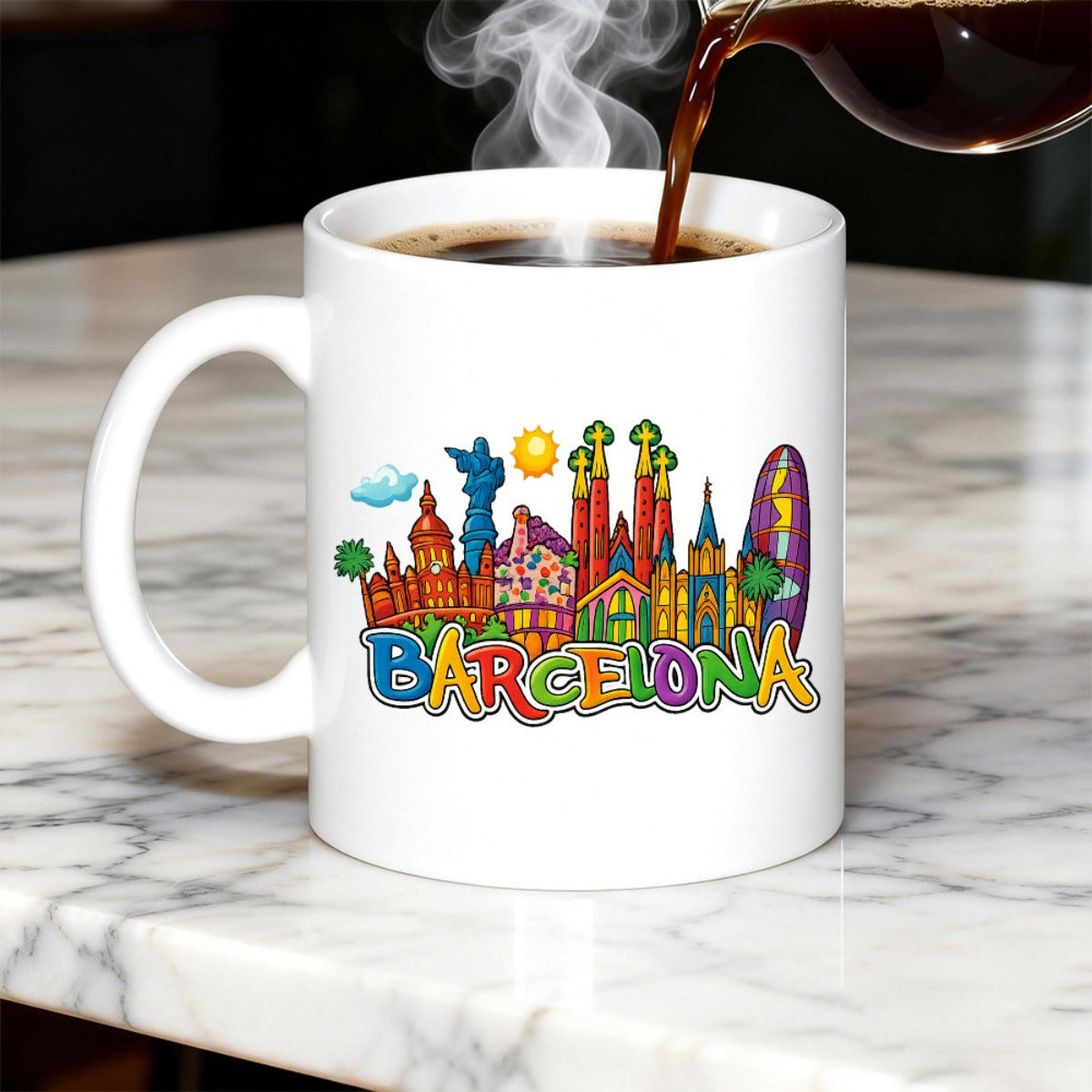 Tailorly White Ceramic 11 oz Mug - Barcelona Vibrant Colorful Artistic City Landmarks Under Golden Sun With Floating Clouds Skyline