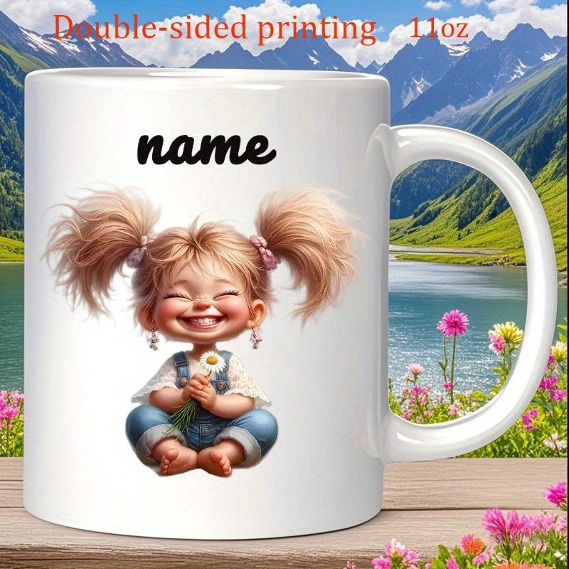 Tailorly White Ceramic 11 oz Mug - Name Adorable Smiling Child With Blonde Pigtails Holding A Tiny Flower Girl