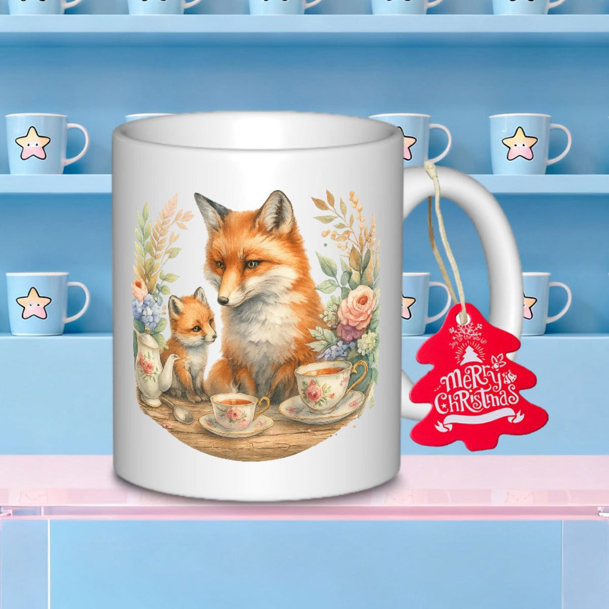 Tailorly White Ceramic 11 oz Mug - Merry Christmas Charming Forest Animals Having Tea Time Among Soft Colorful Botanical Flowers Fox