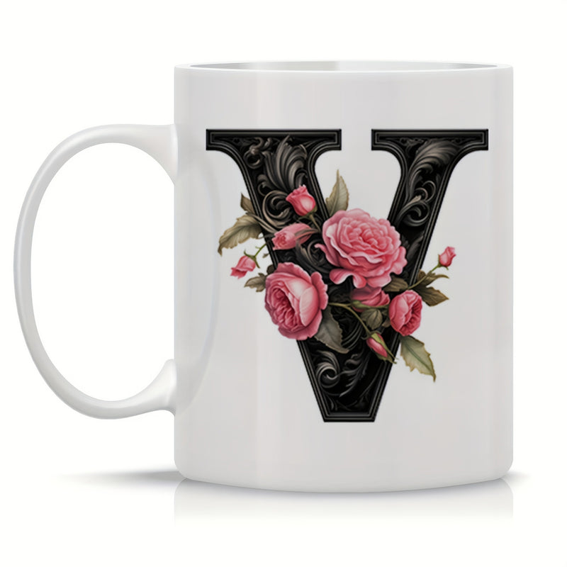 Tailorly White Ceramic 11 oz Mug - V Vintage Ornate Black Letter V With Blooming Pink Roses And Green Leaves Monogram