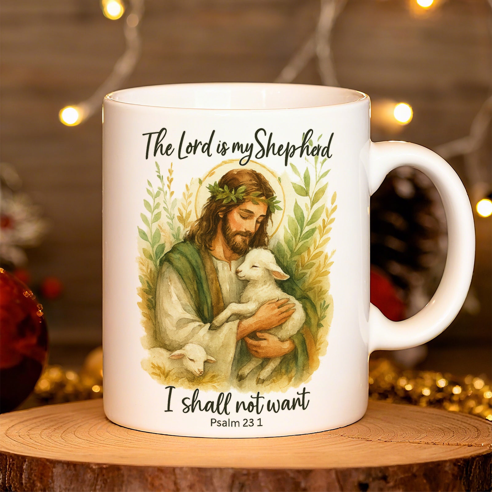 Tailorly White Ceramic 11 oz Mug - The Lord Is My Shepherd I Shall Not Want Psalm 23 1 Sacred Scene With Jesus Holding Gentle Lamb Among Lush Green Leaves Shepherd