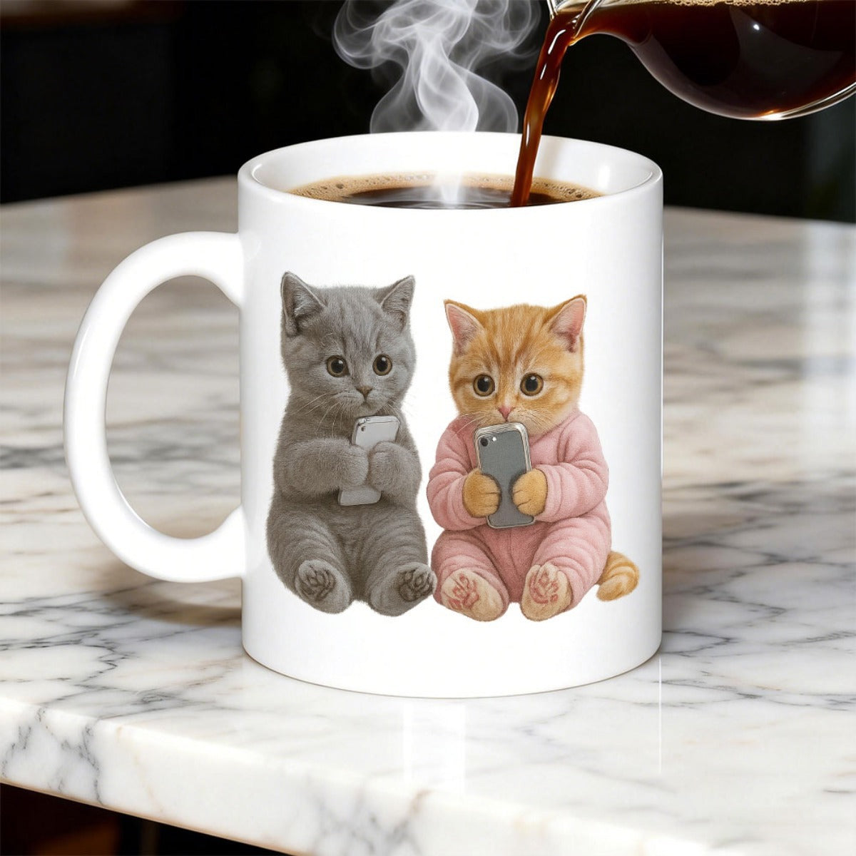 Tailorly White Ceramic 11 oz Mug - Cute Fluffy Animals Sitting Side By Side Playing On Mobile Phones Kittens
