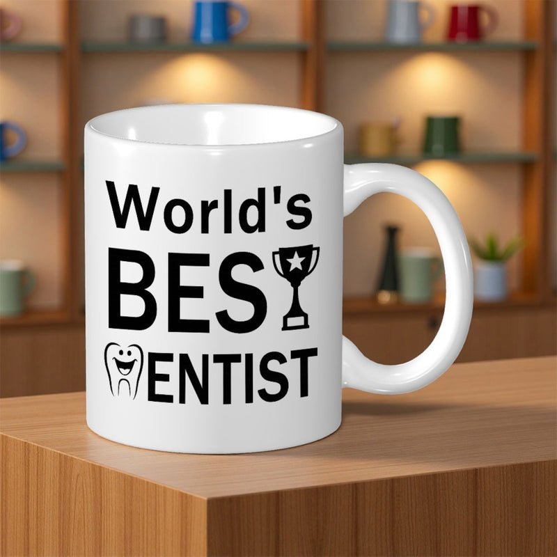 Tailorly White Ceramic 11 oz Mug - World's Best Dentist Minimalist Black Text With Smiling Tooth And Victorious Trophy Dentist